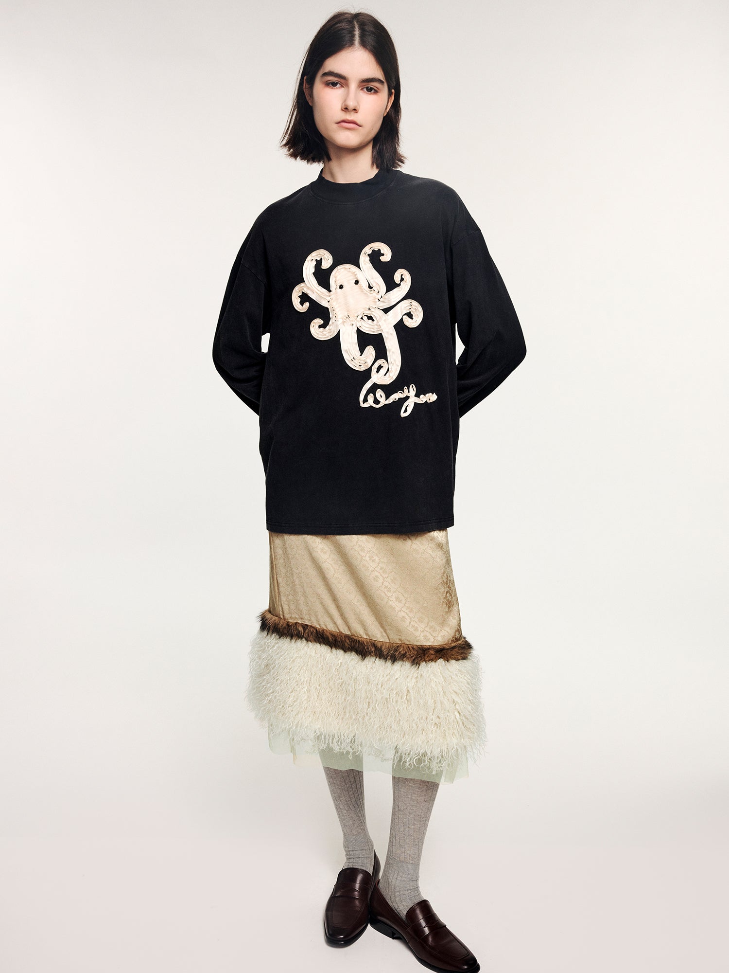 T-shirt with 3d tape embroidered undersea octopus