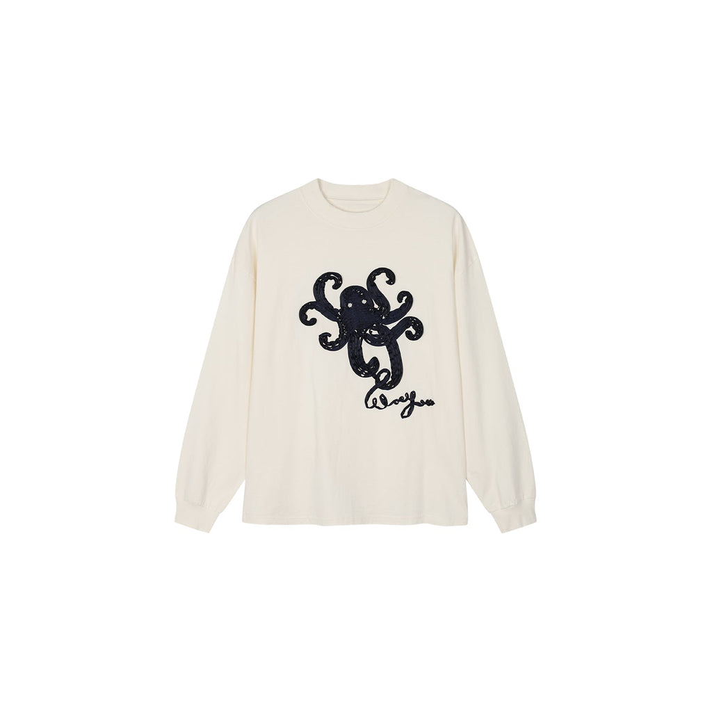 T-shirt with 3d tape embroidered undersea octopus