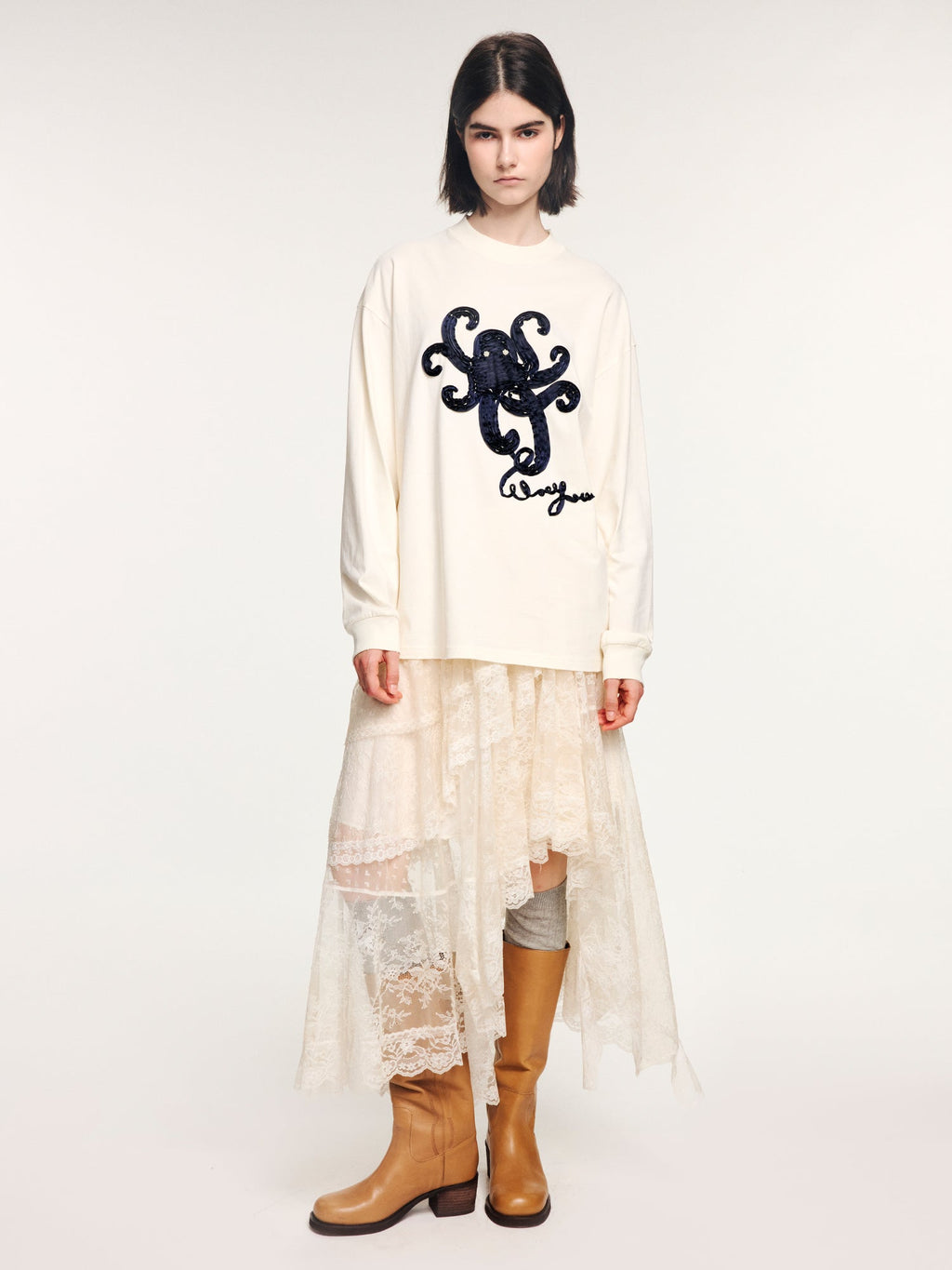 T-shirt with 3d tape embroidered undersea octopus