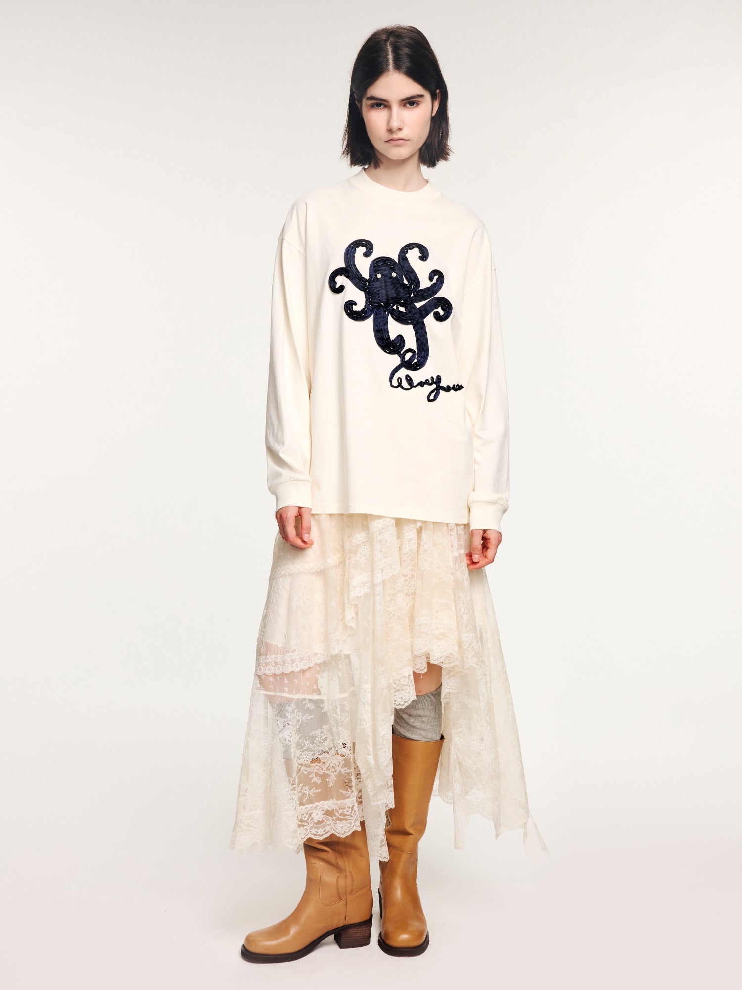 T-shirt with 3d tape embroidered undersea octopus