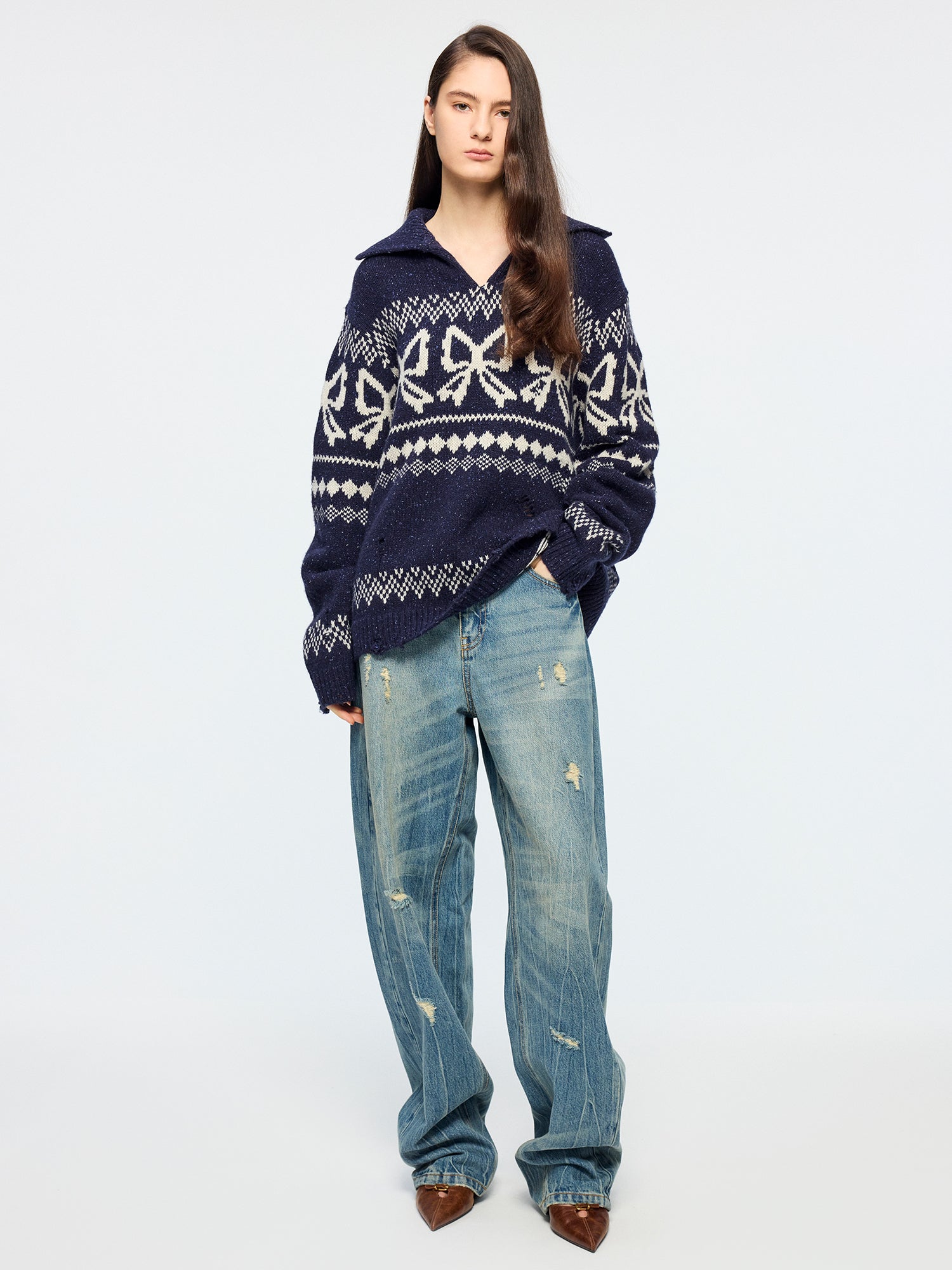 Fair isle bow collar pullover