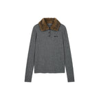 Cable knit polo pullover with fur collar
