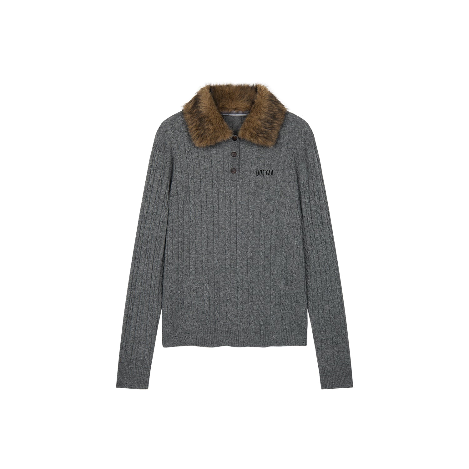 Cable knit polo pullover with fur collar