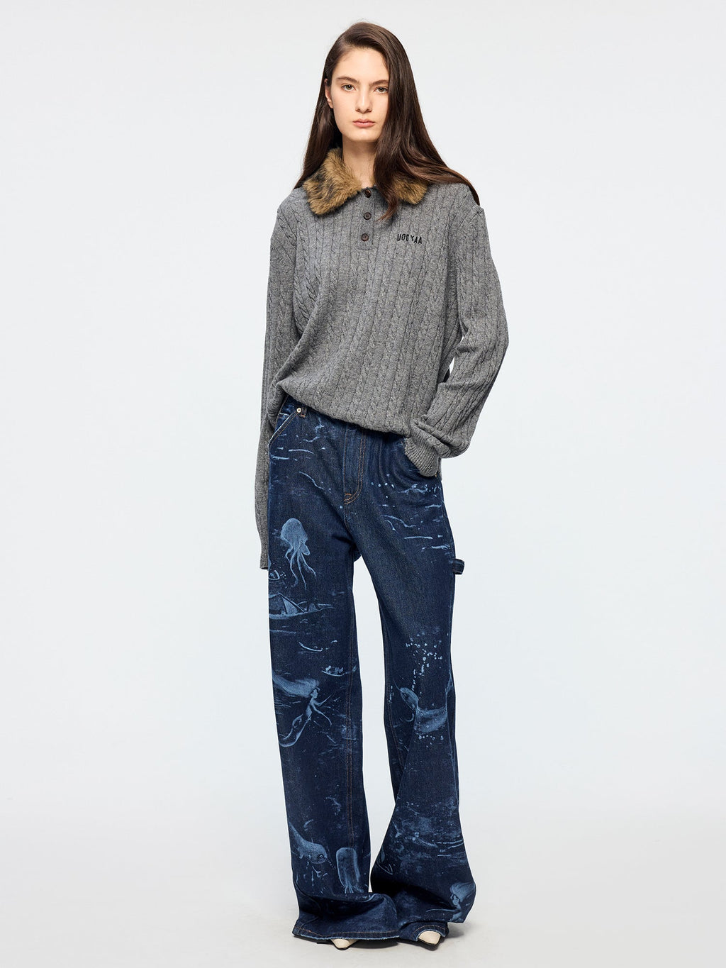 Cable knit polo pullover with fur collar