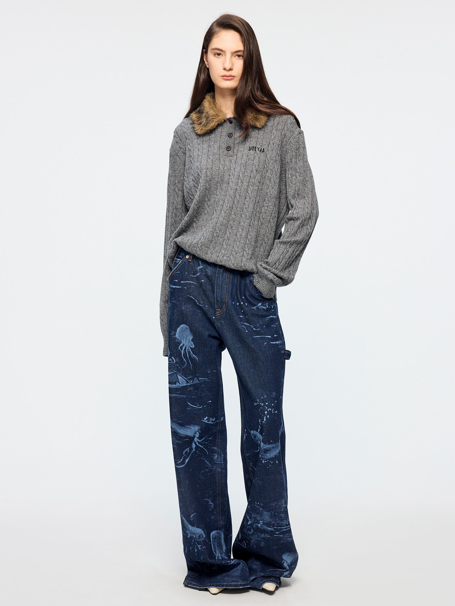 Cable knit polo pullover with fur collar