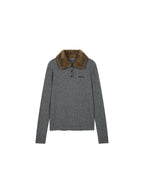 Cable knit polo pullover with fur collar