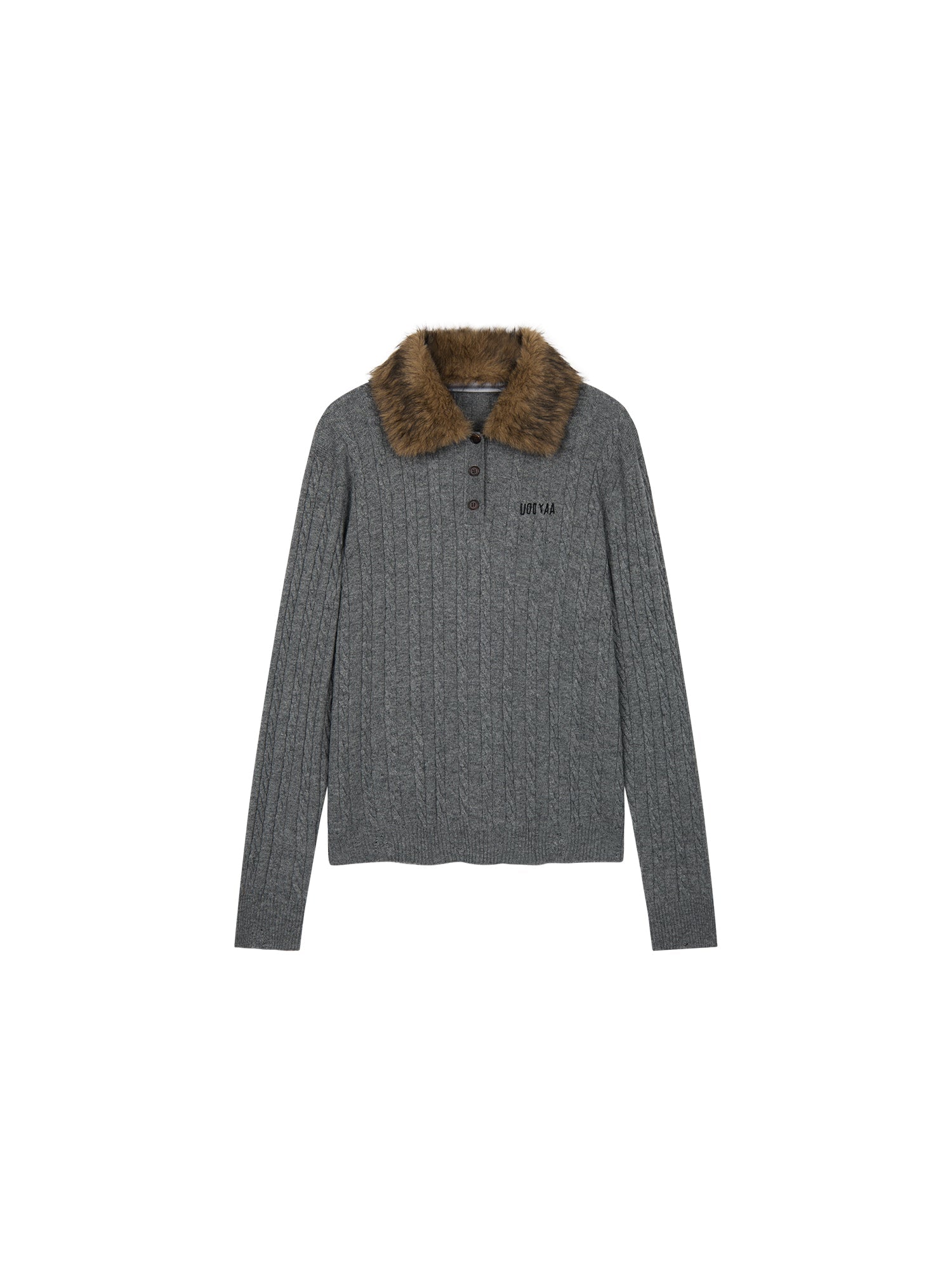 Cable knit polo pullover with fur collar