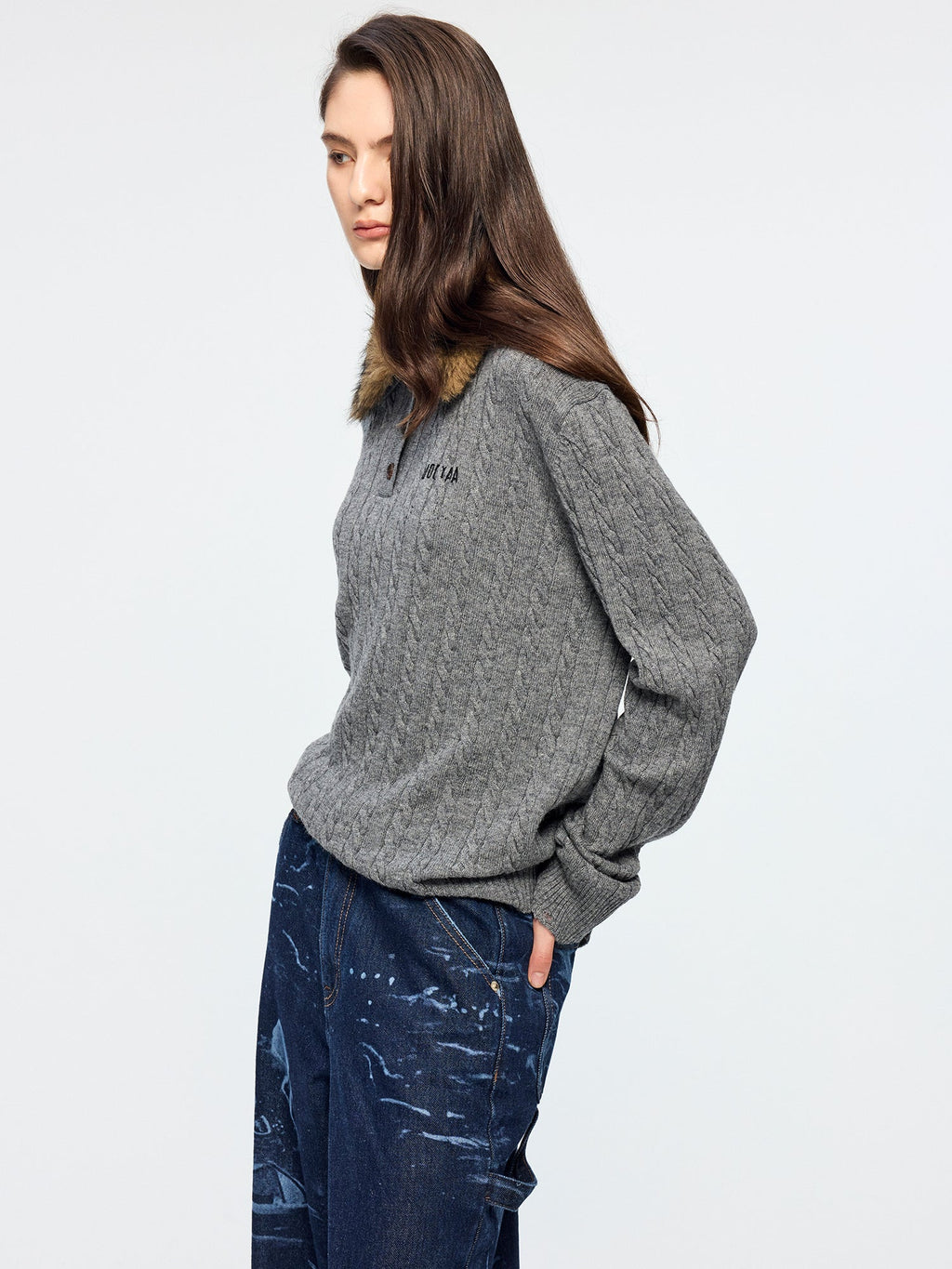 Cable knit polo pullover with fur collar