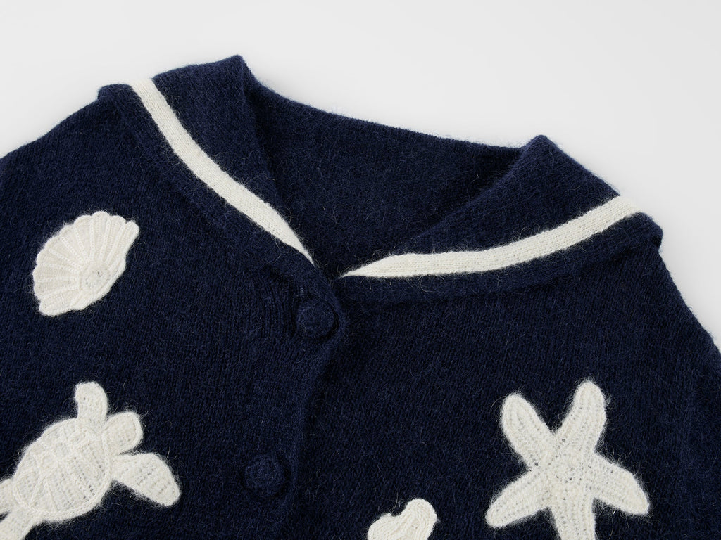 Sailor collar cardigan with fantasy undersea yarn embroidery