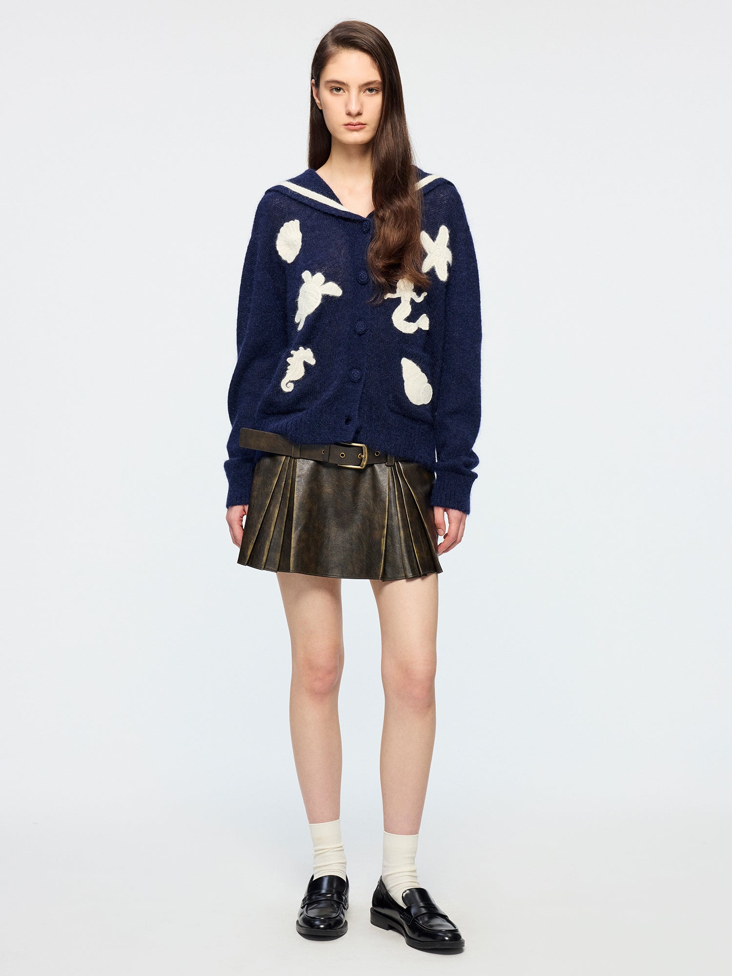 Sailor collar cardigan with fantasy undersea yarn embroidery