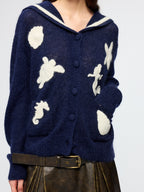 Sailor collar cardigan with fantasy undersea yarn embroidery