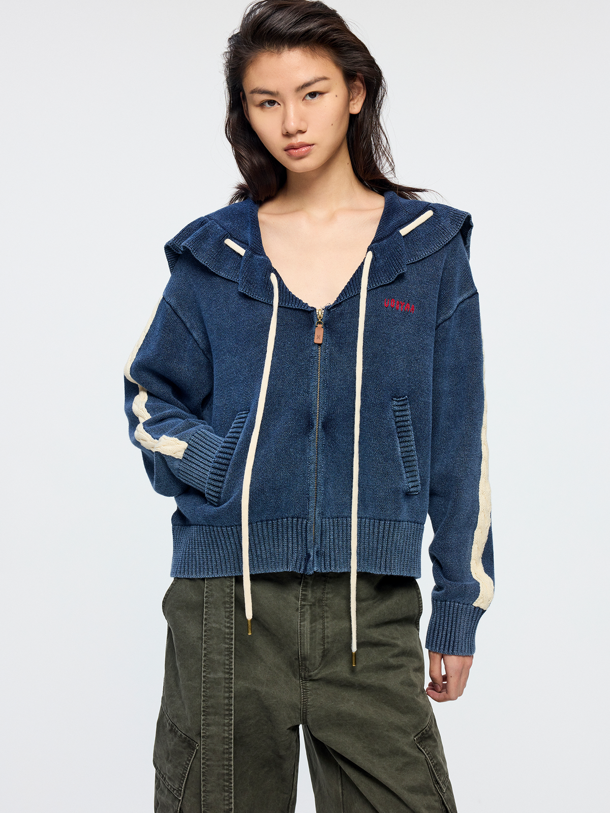 Sailor collar drawstring cardigan
