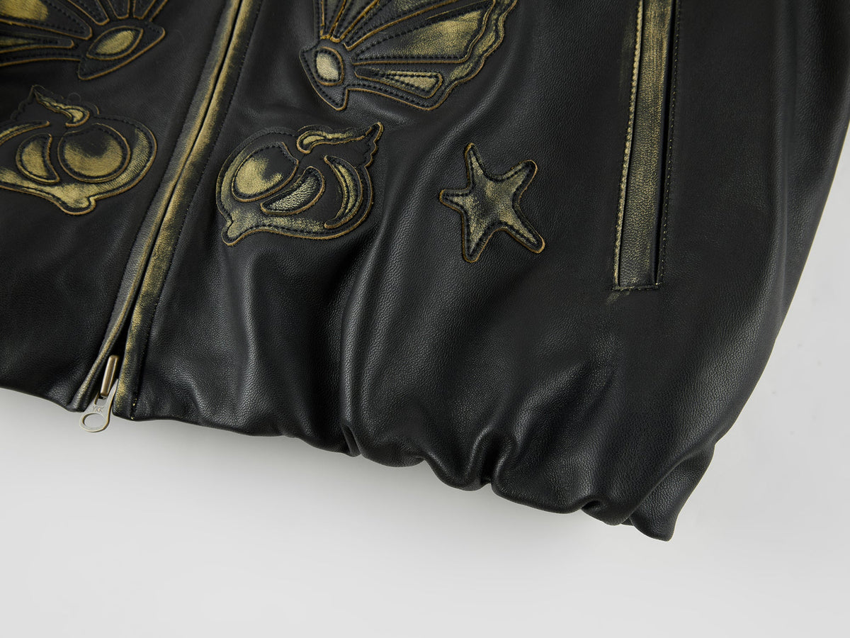 Rubbed leather jacket with fantasy undersea appliqué