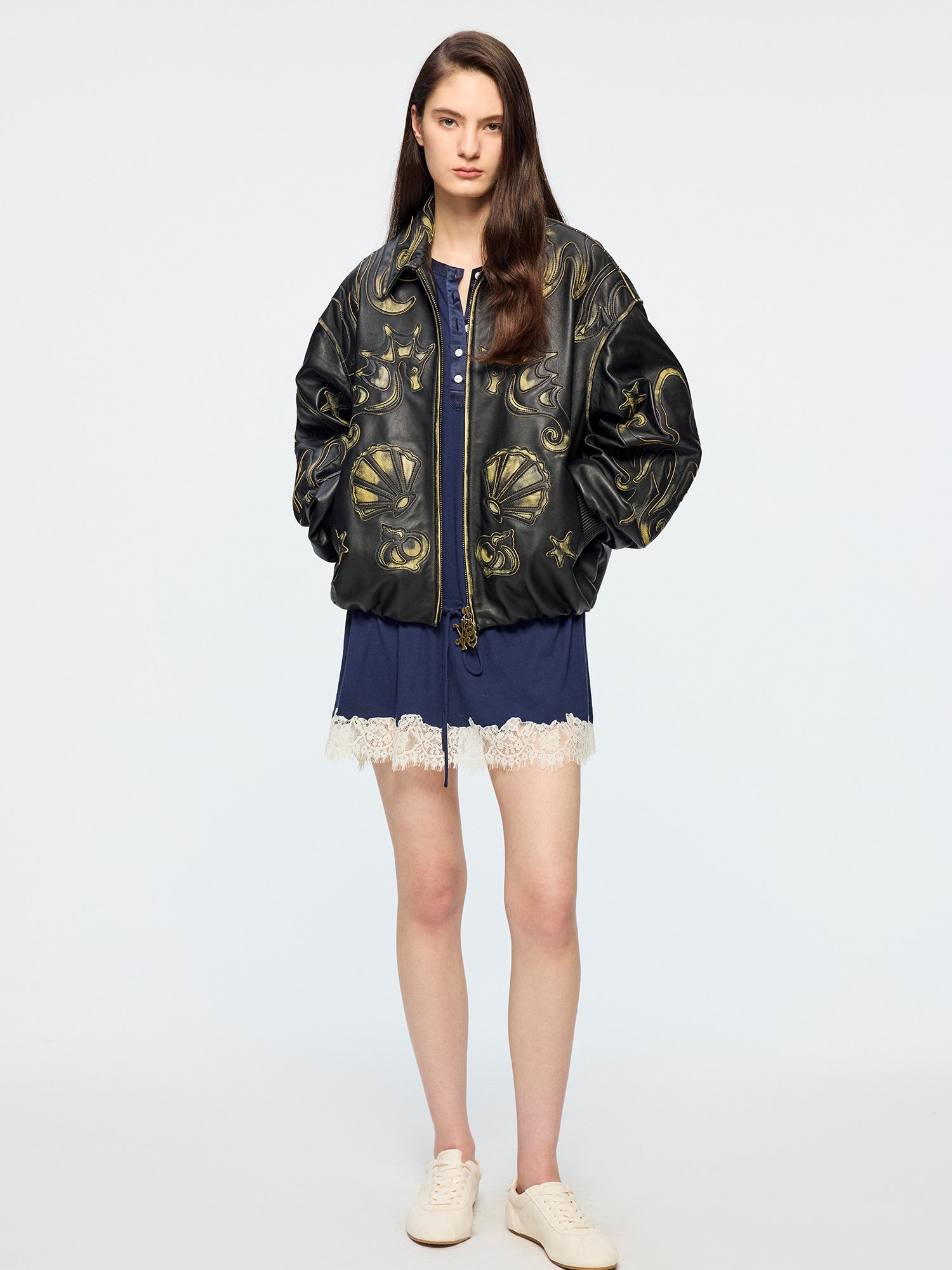 Rubbed leather jacket with fantasy undersea appliqu¨¦