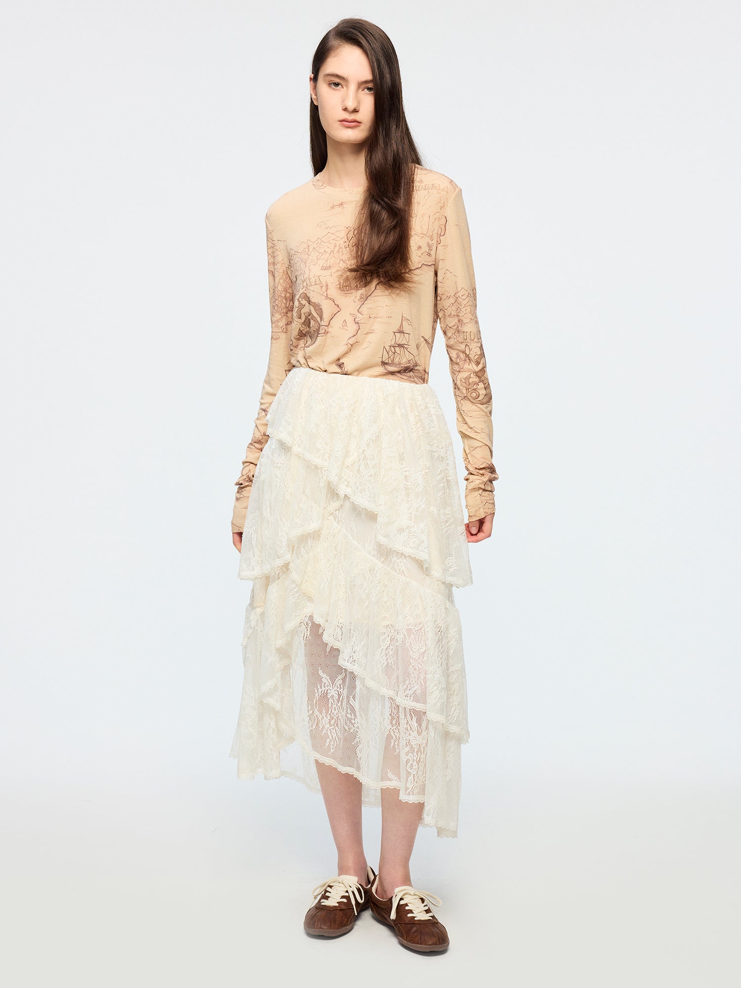 Tencel wool vintage map long sleeve t-shirt