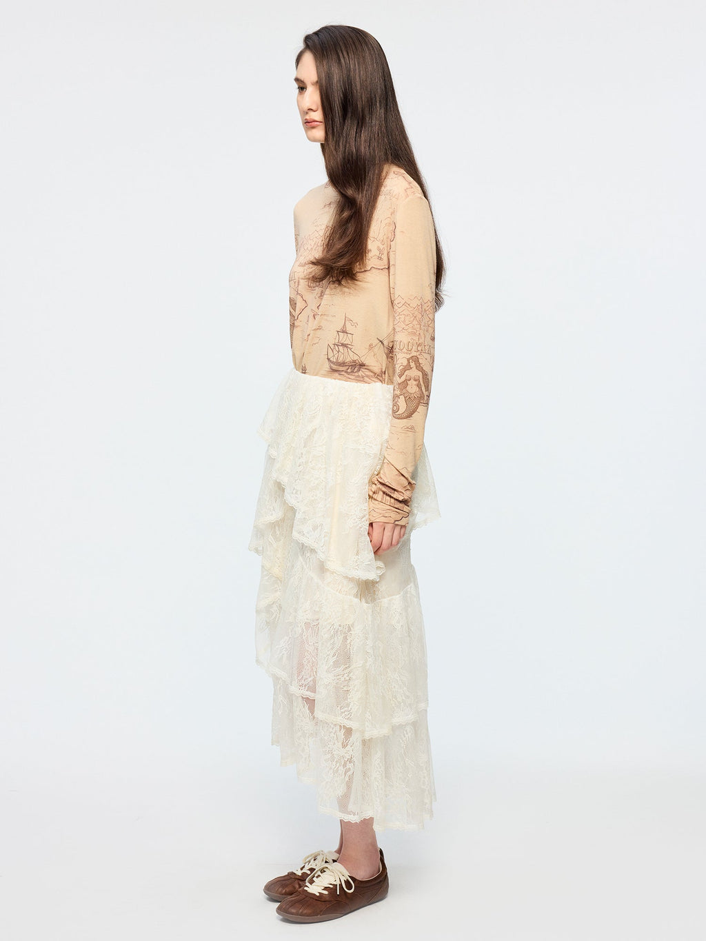 Tencel wool vintage map long sleeve t-shirt