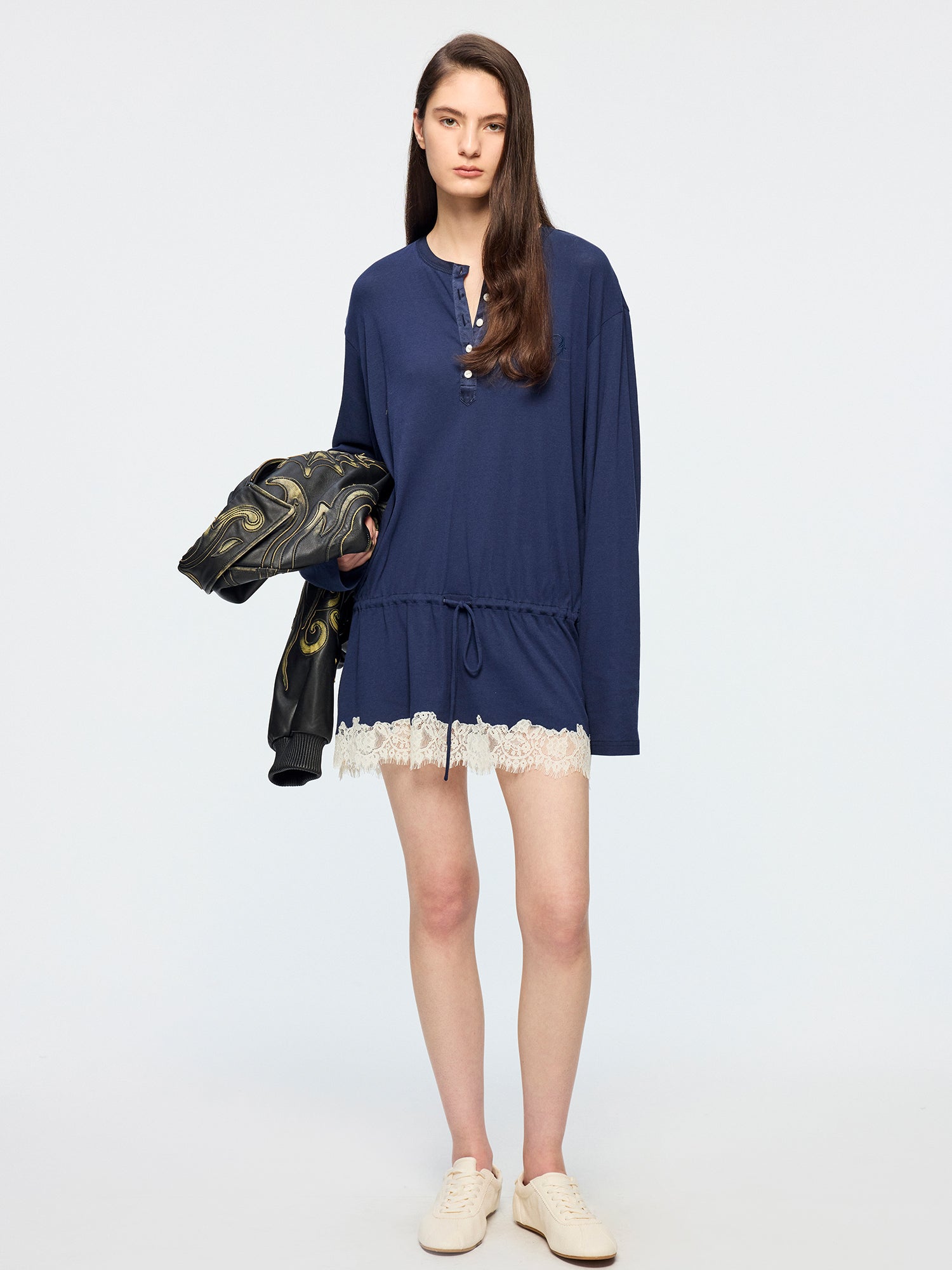 Henley long sleeve t-shirt with lace patchwork