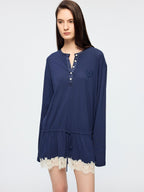 Henley long sleeve t-shirt with lace patchwork