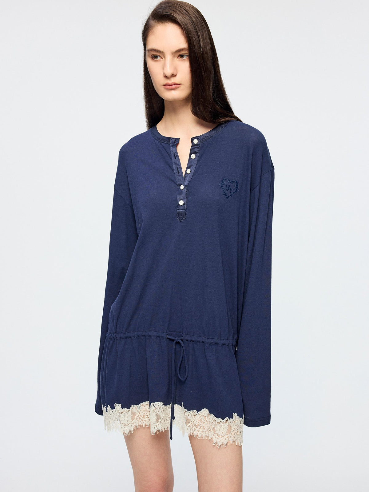 Henley long sleeve t-shirt with lace patchwork