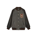 Baseball jacket with leather sleeves and badges