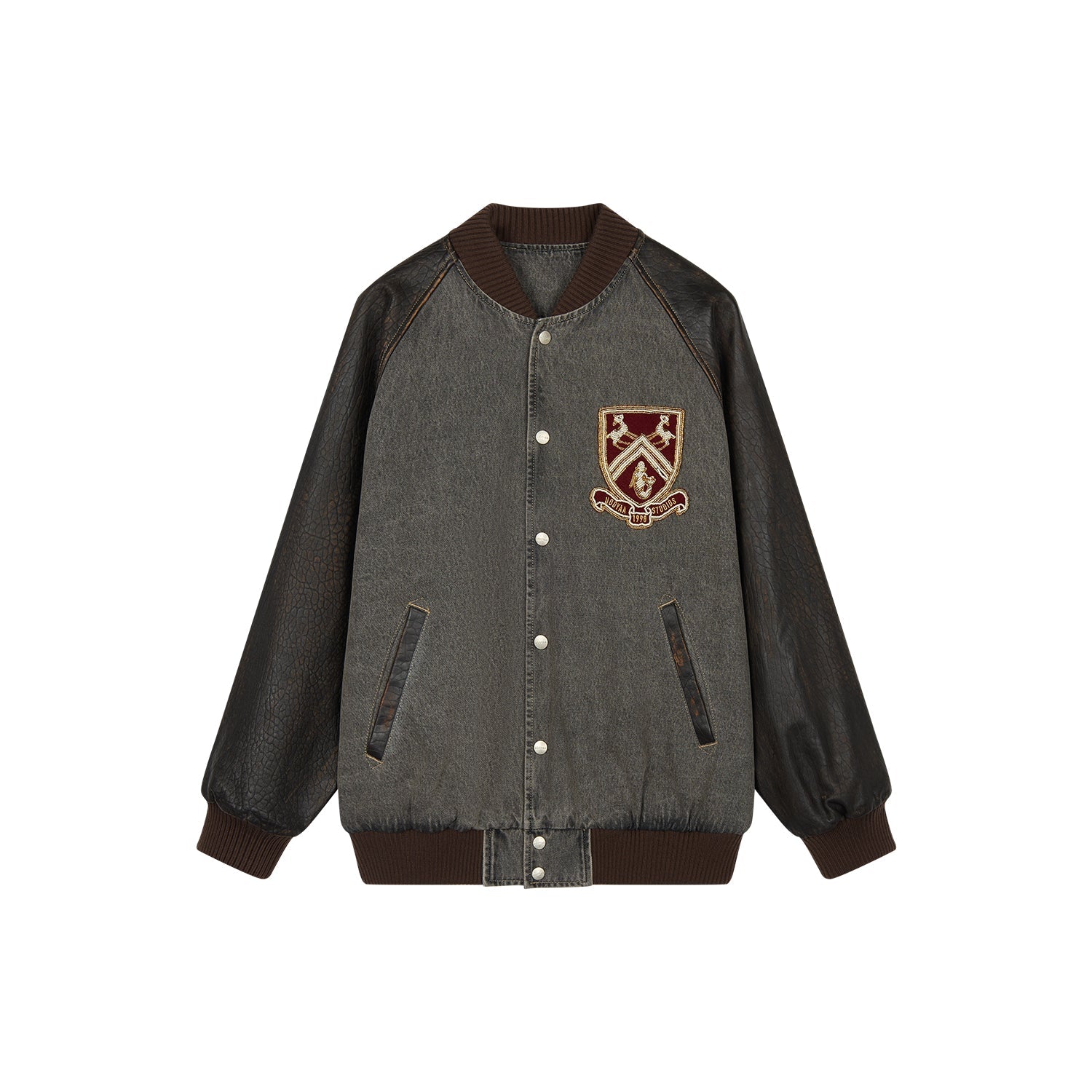 Baseball jacket with leather sleeves and badges