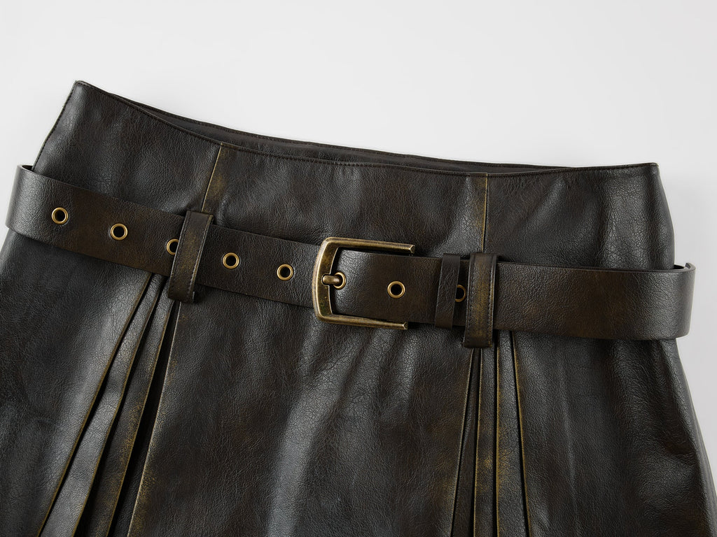 Vintage rubbed pleated leather mini skirt
