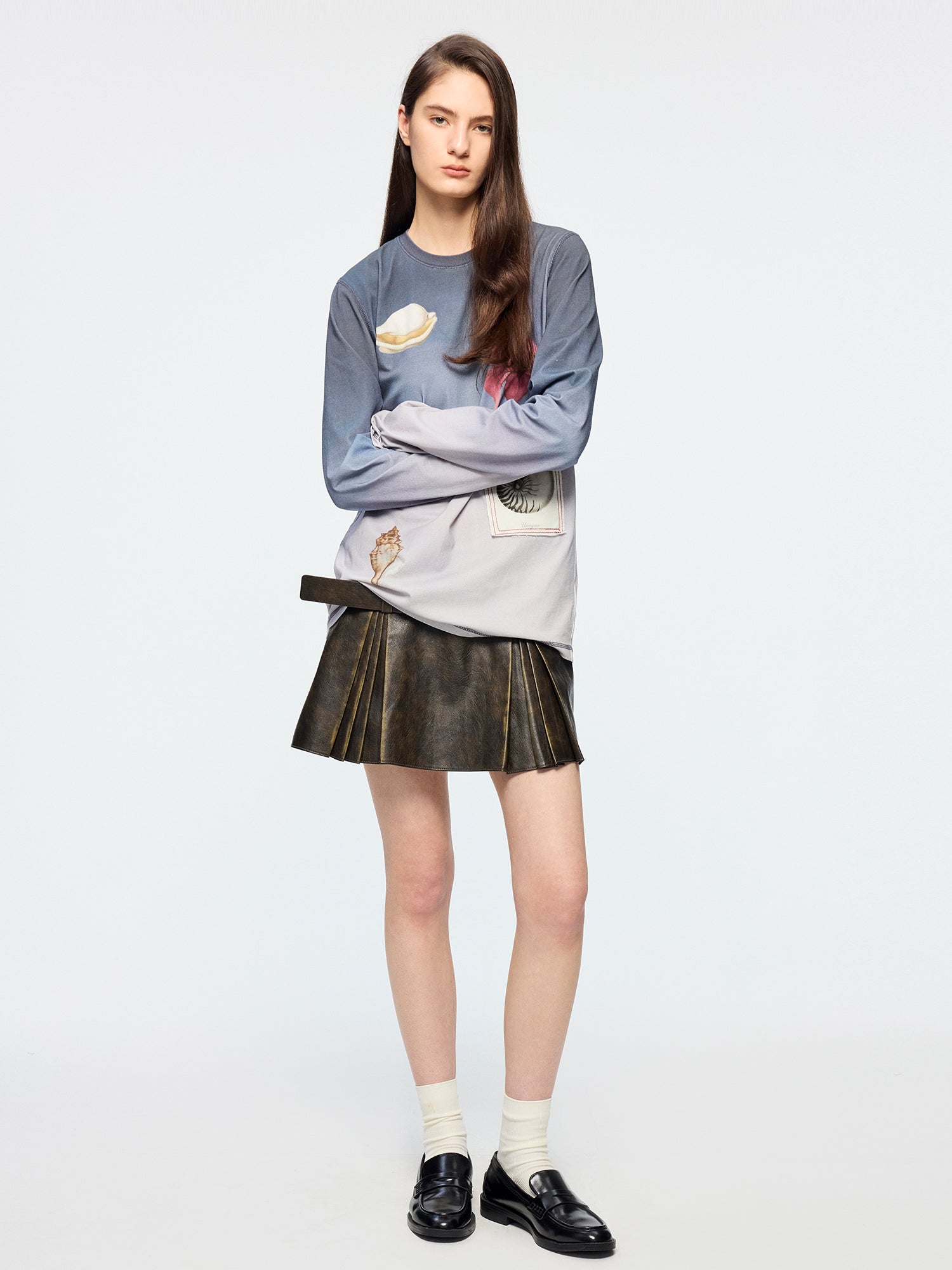 Vintage rubbed pleated leather mini skirt