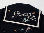 Sailor collar wool baseball jacket with fantasy undersea embroidery