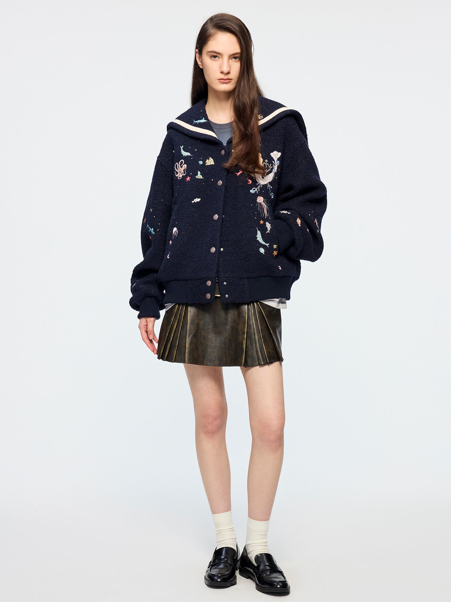 Sailor collar wool baseball jacket with fantasy undersea embroidery