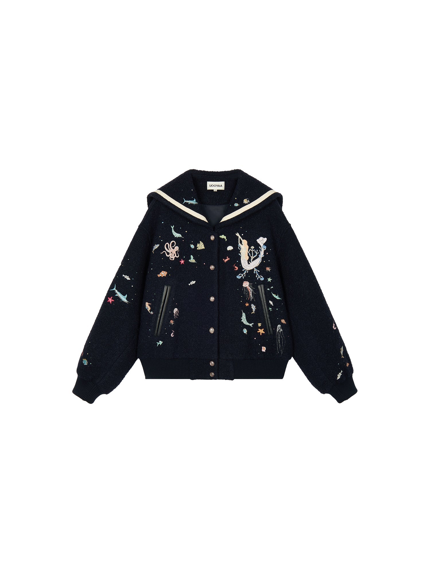 Sailor collar wool baseball jacket with fantasy undersea embroidery
