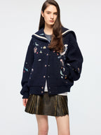 Sailor collar wool baseball jacket with fantasy undersea embroidery