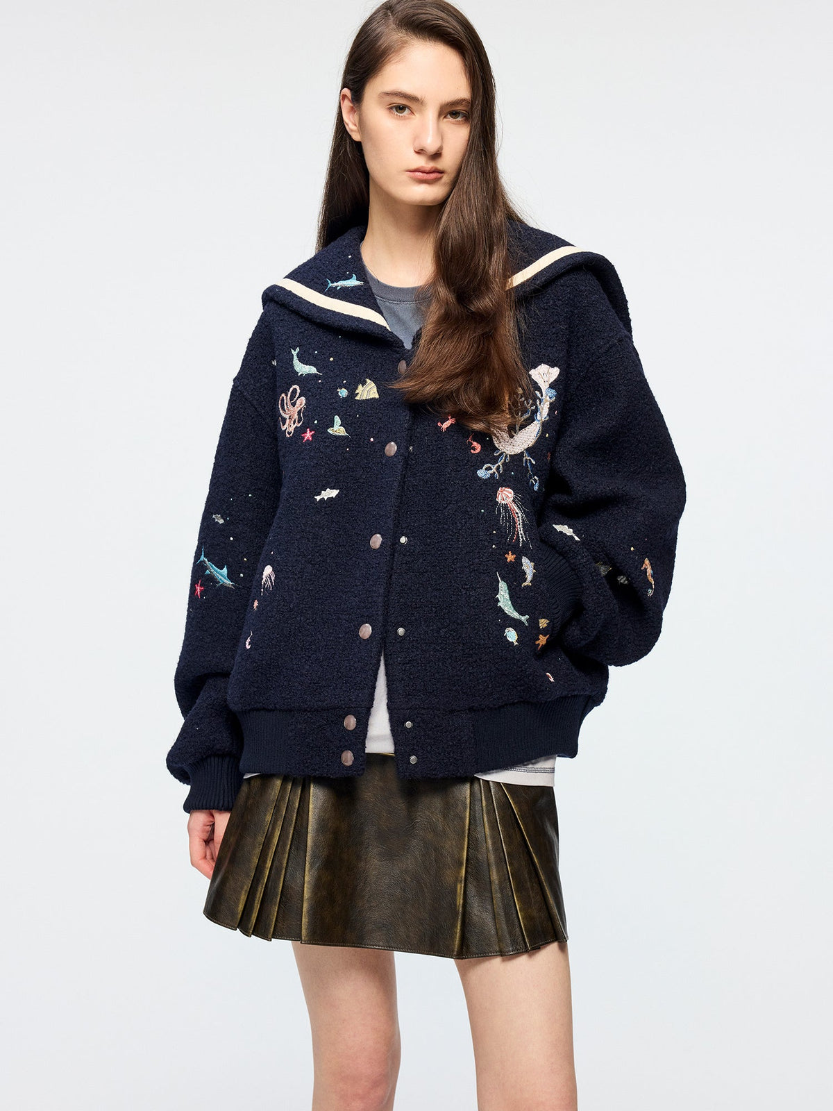 Sailor collar wool baseball jacket with fantasy undersea embroidery