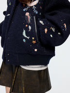 Sailor collar wool baseball jacket with fantasy undersea embroidery