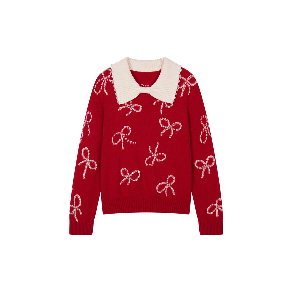 Beaded embroidered bow pullover