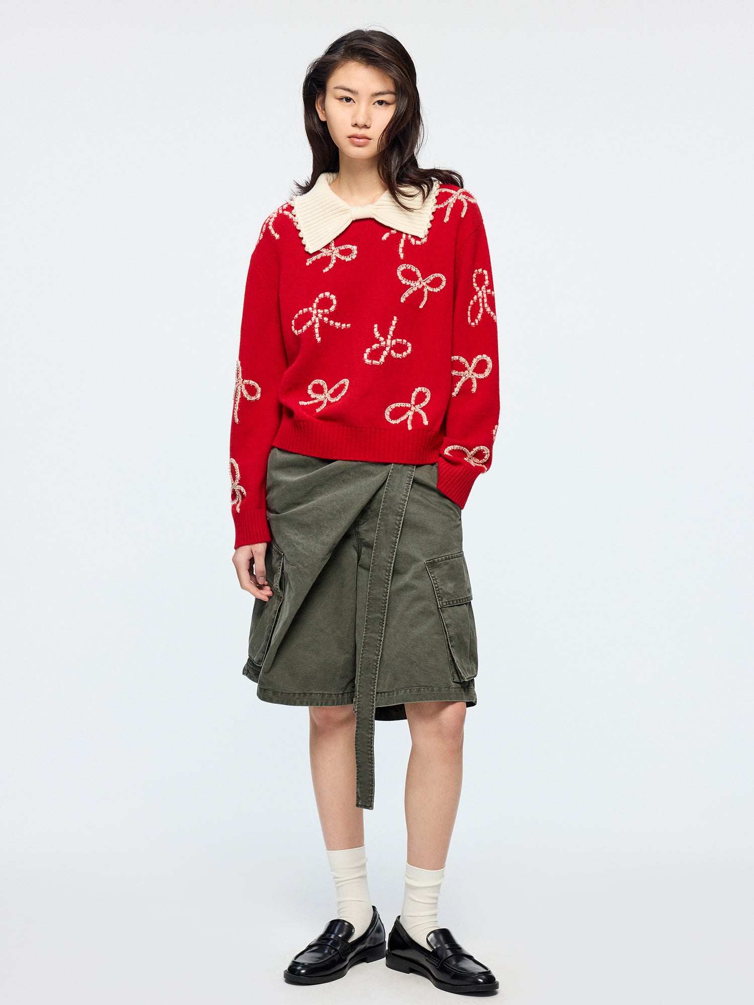 Beaded embroidered bow pullover