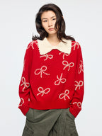 Beaded embroidered bow pullover
