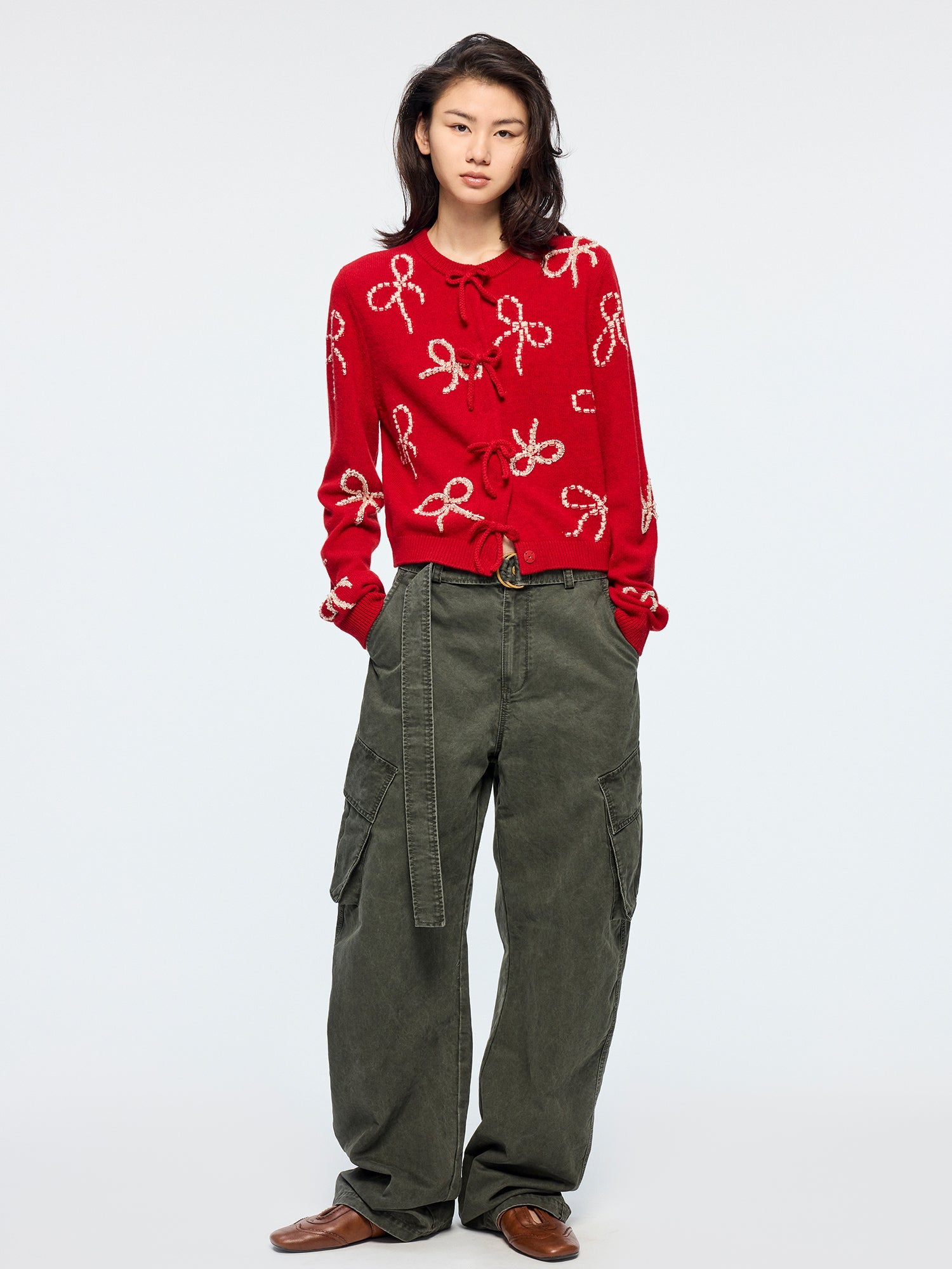 Beaded embroidered bow cardigan