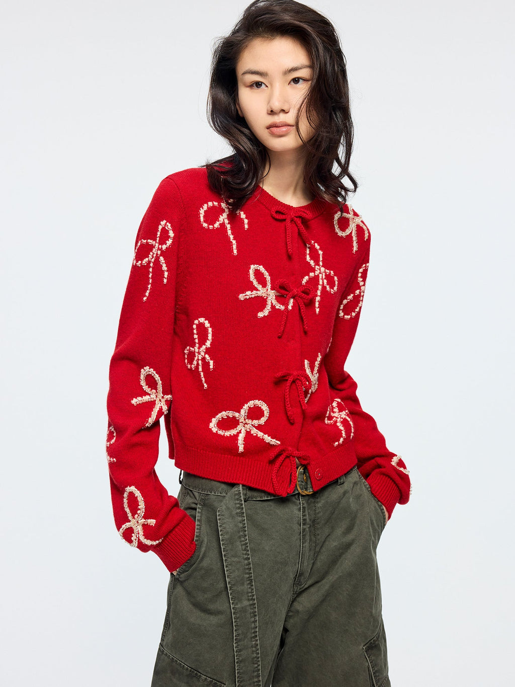 Beaded embroidered bow cardigan