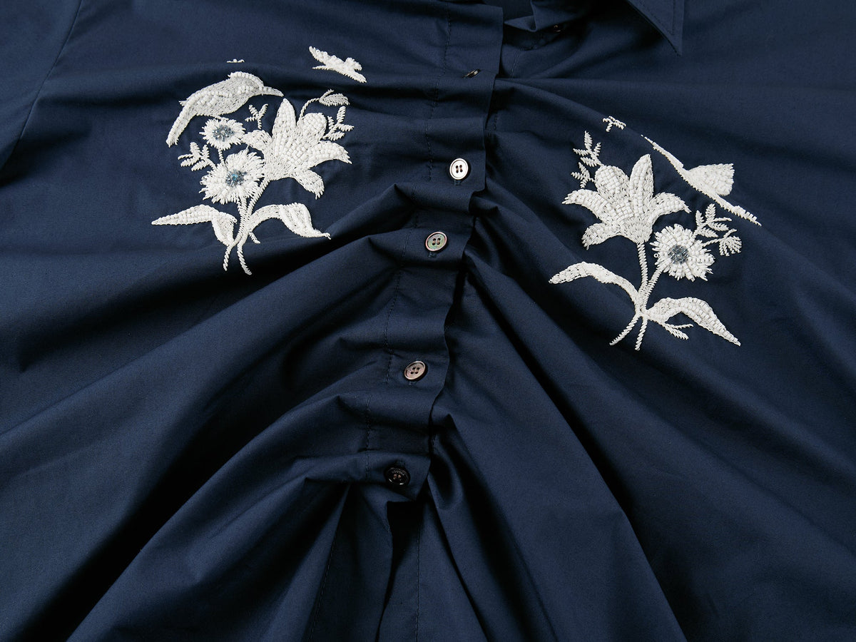 Beaded embroidered bird drawstring shirt