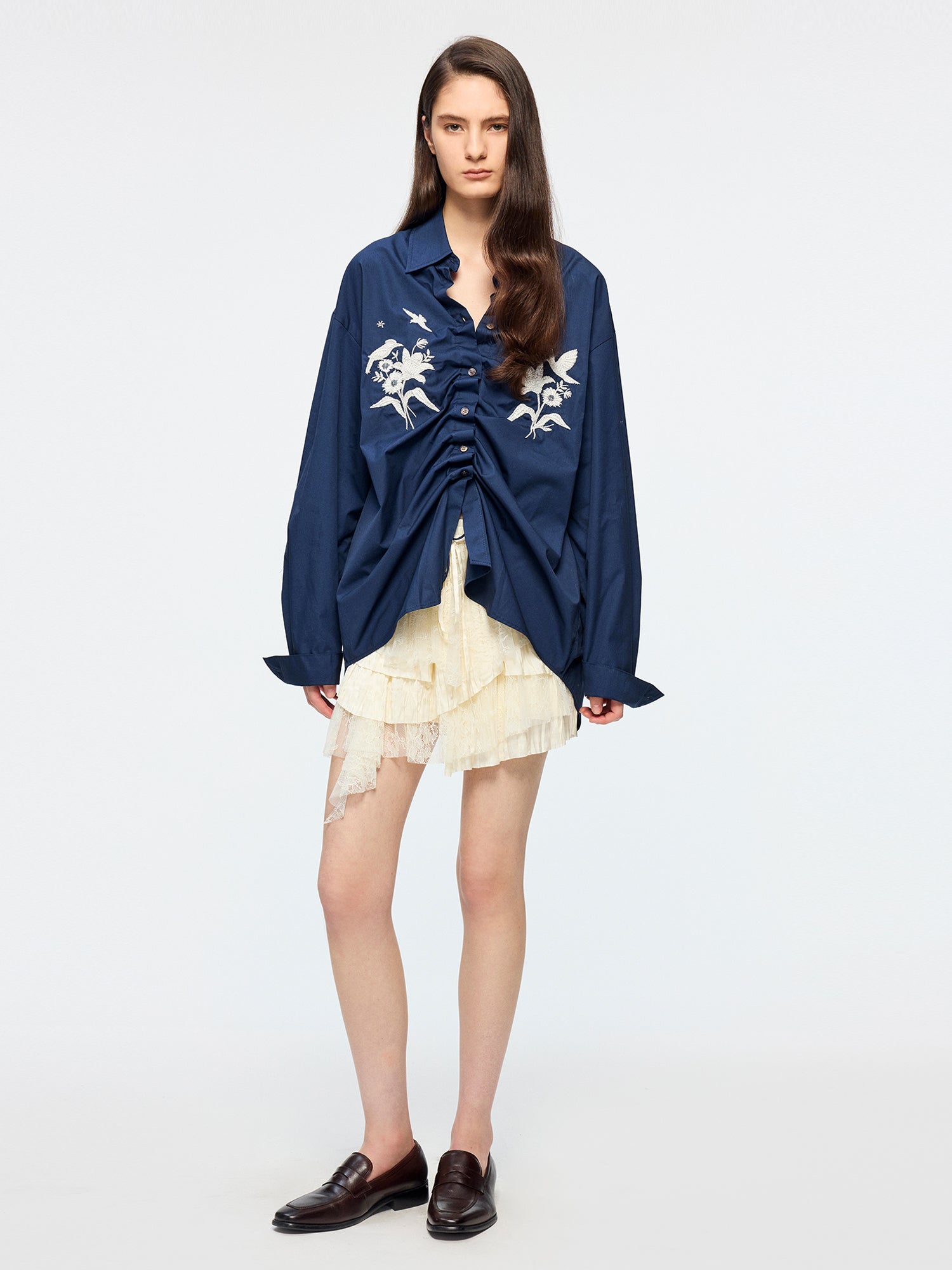 Beaded embroidered bird drawstring shirt