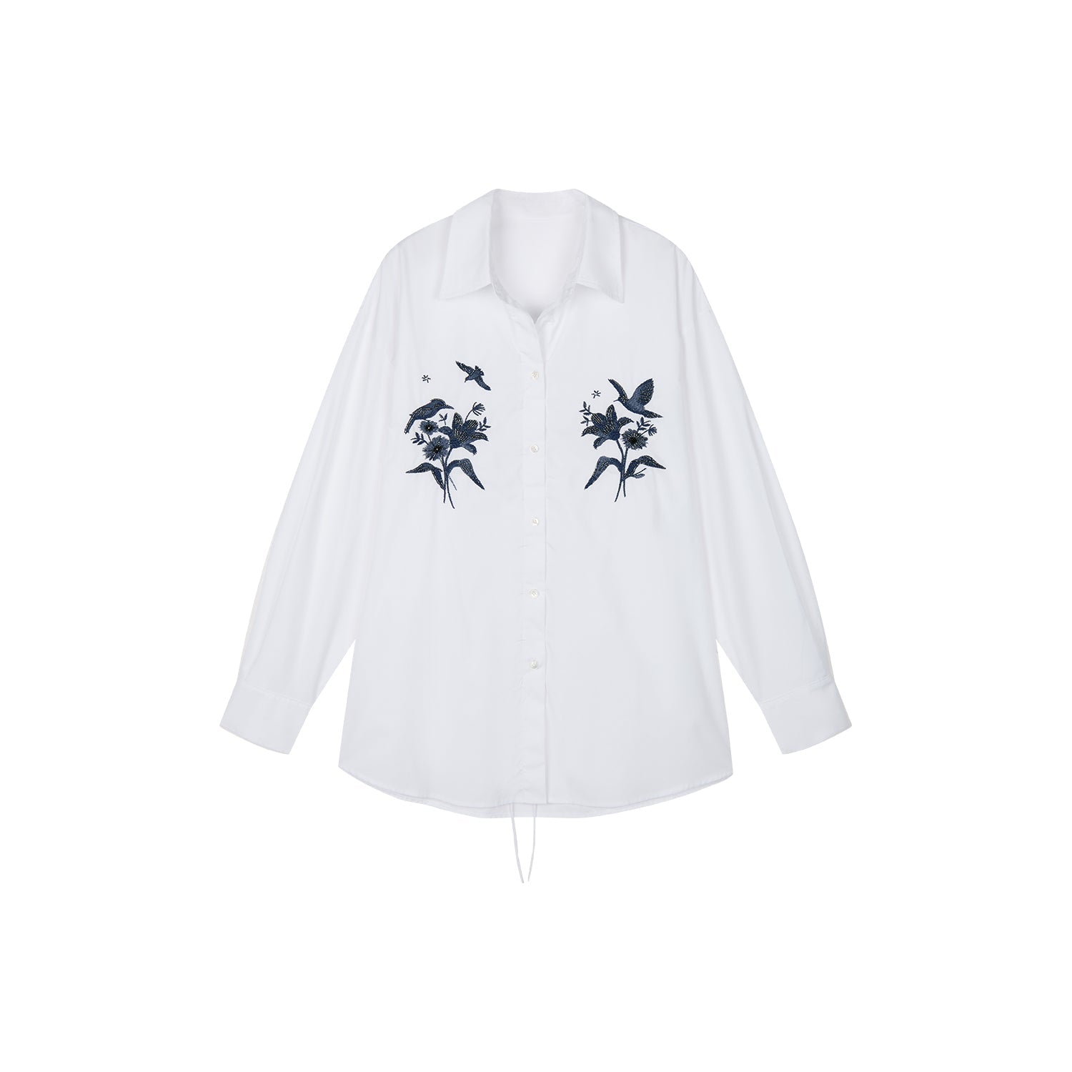 Beaded embroidered bird drawstring shirt