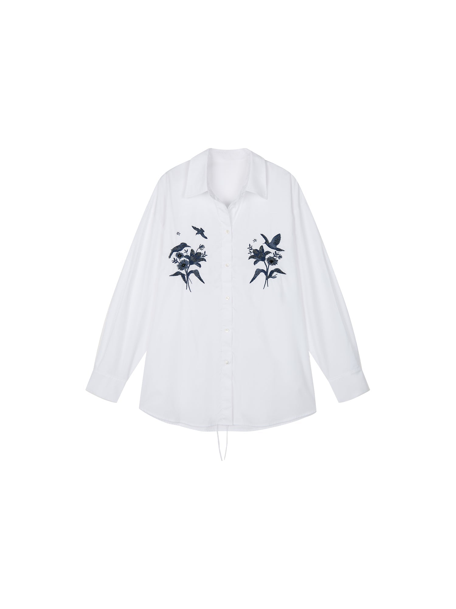 Beaded embroidered bird drawstring shirt