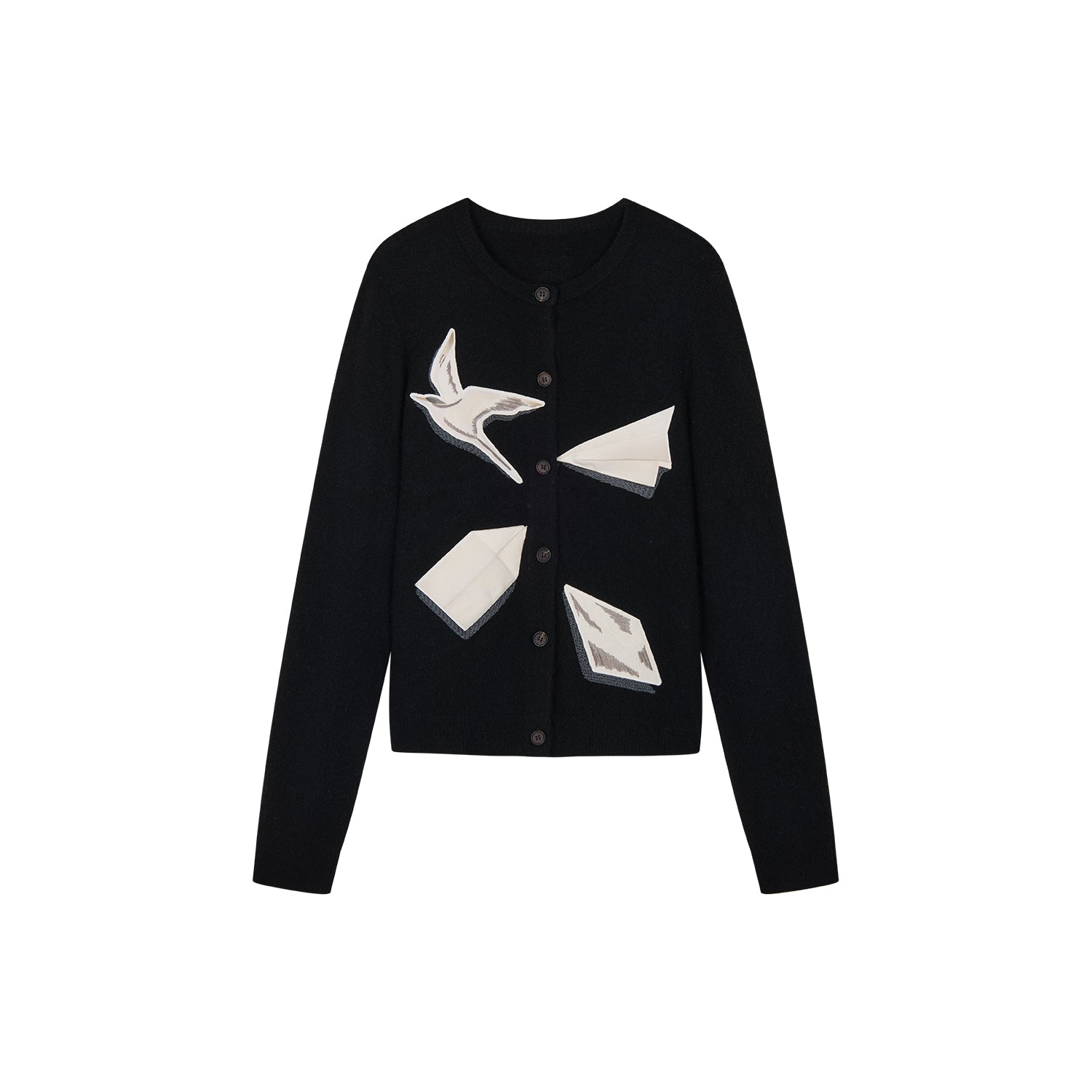 Origami bird wool applique cardigan