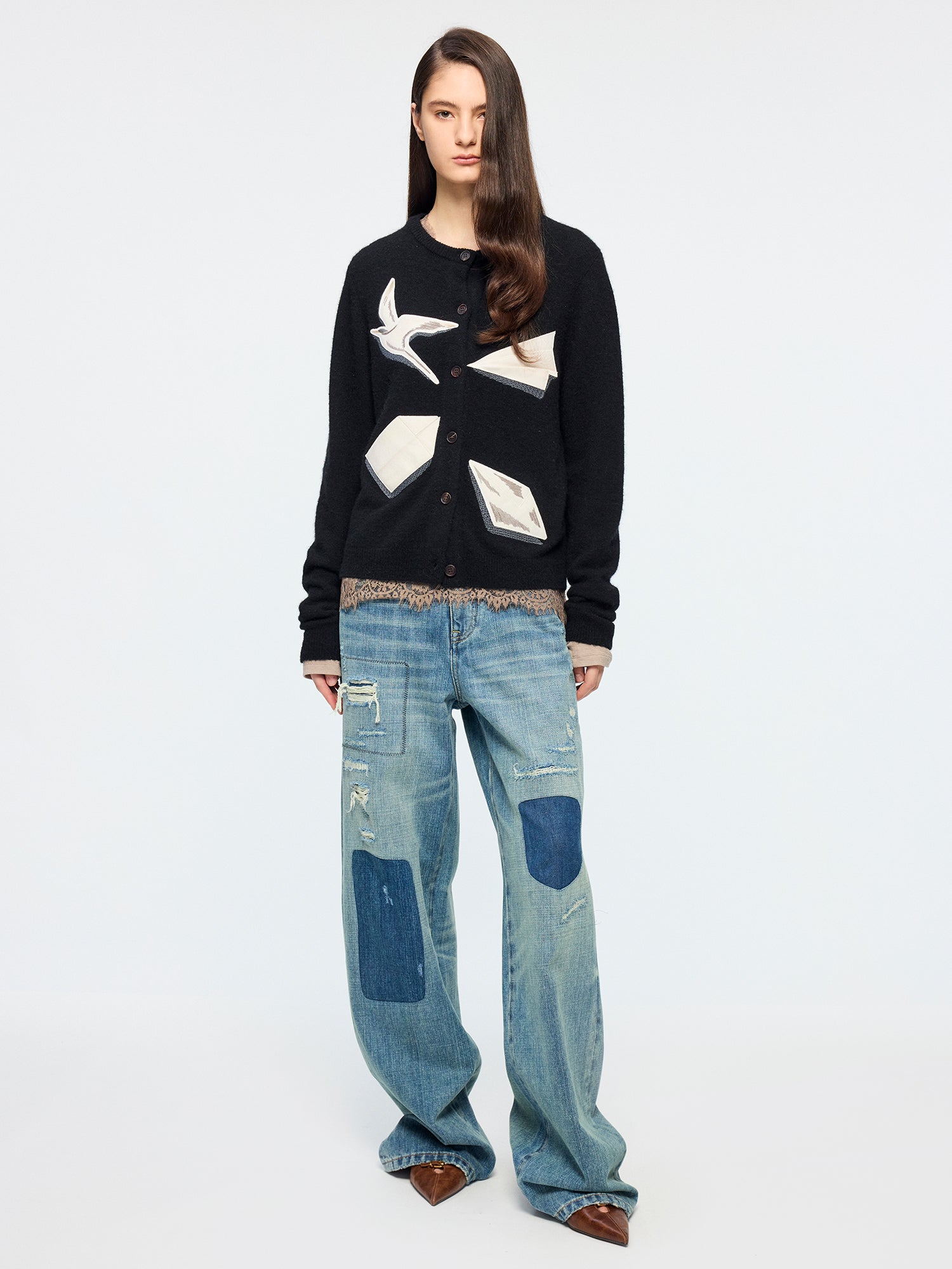 Origami bird wool applique cardigan