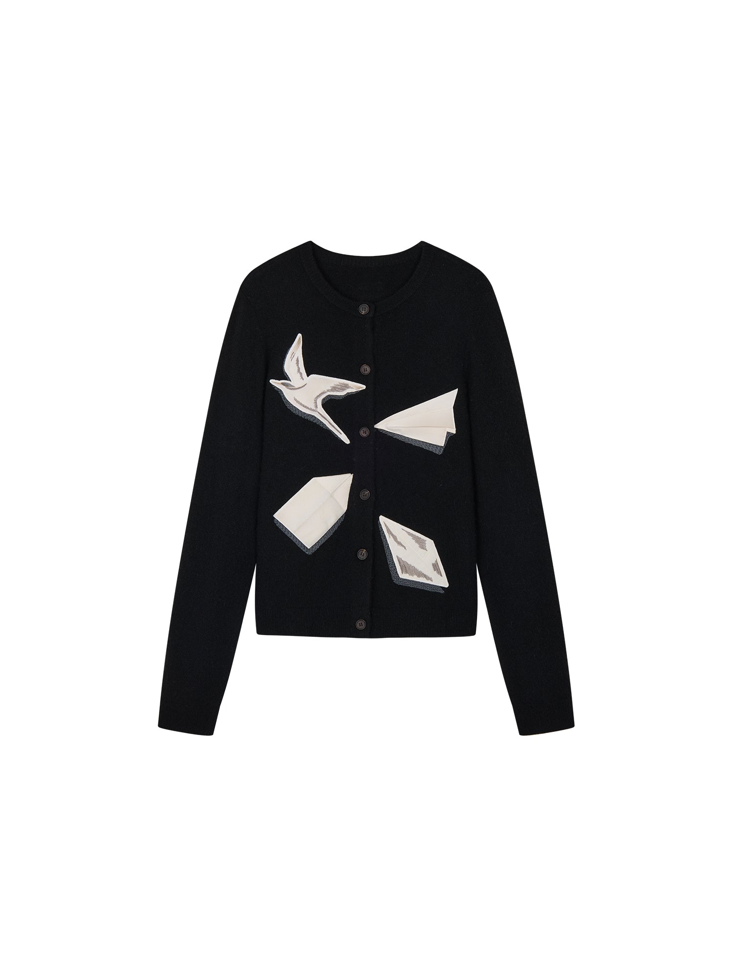 Origami bird wool applique cardigan