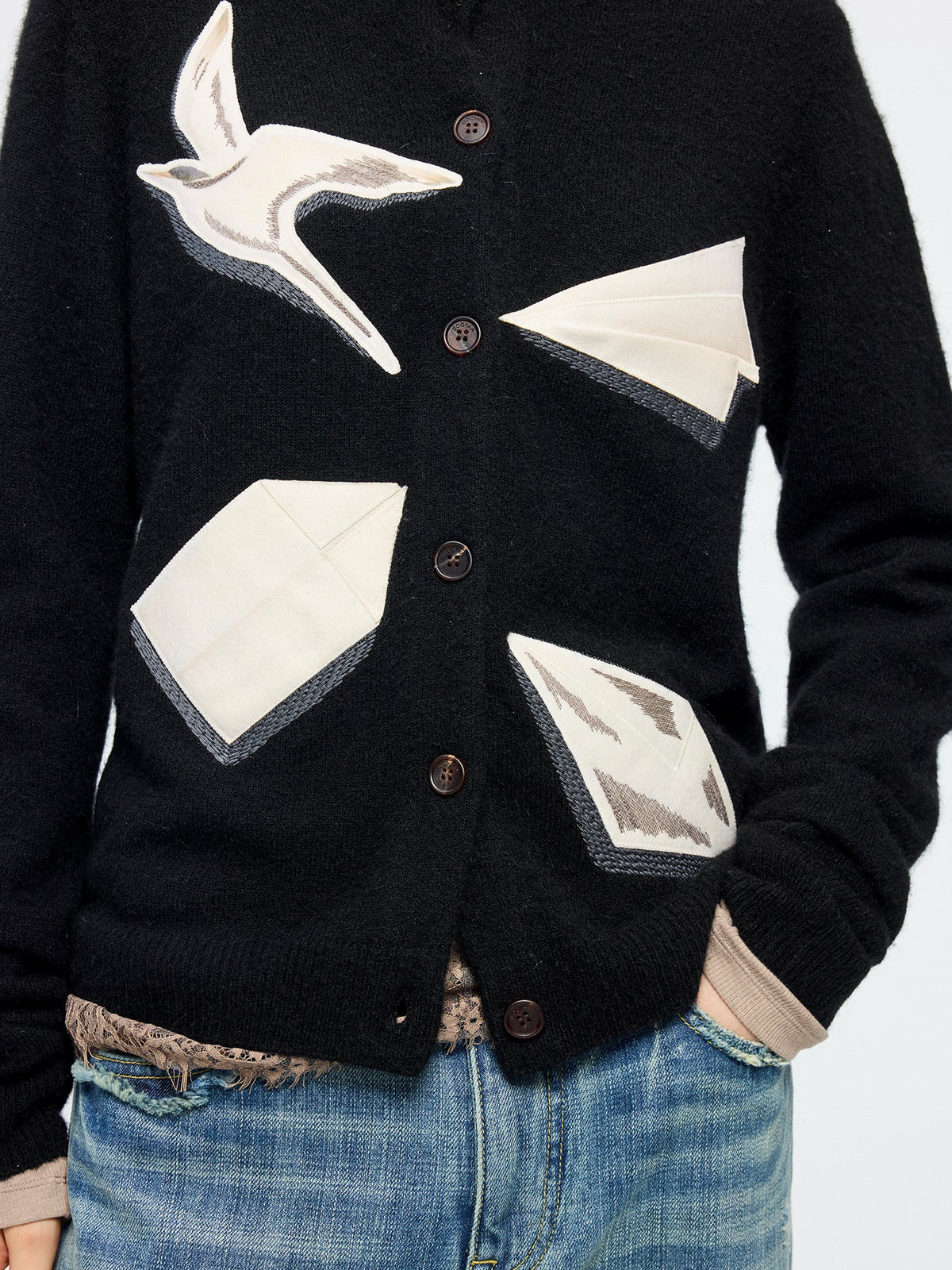 Origami bird wool applique cardigan