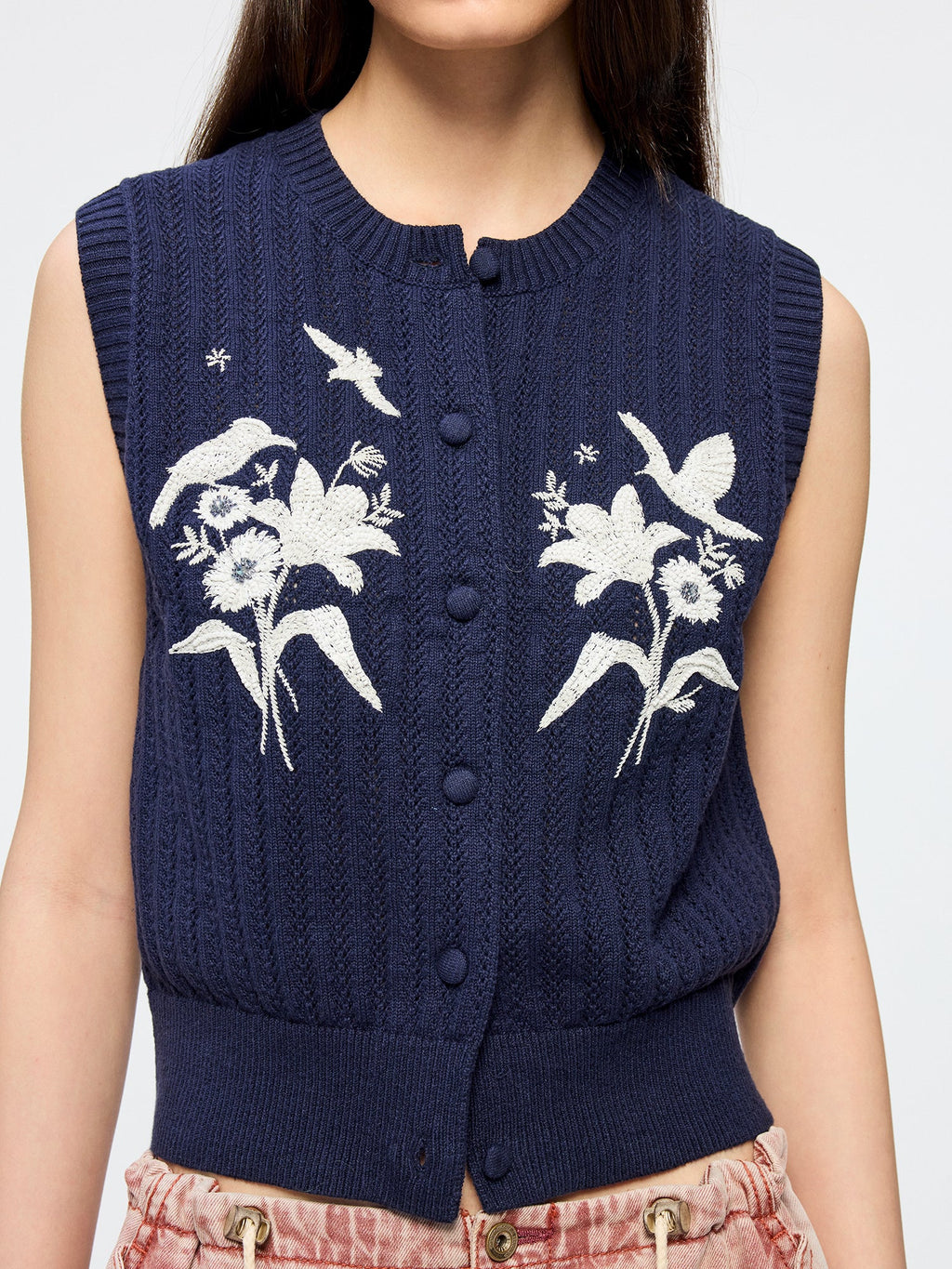 Beaded embroidered bird knit vest