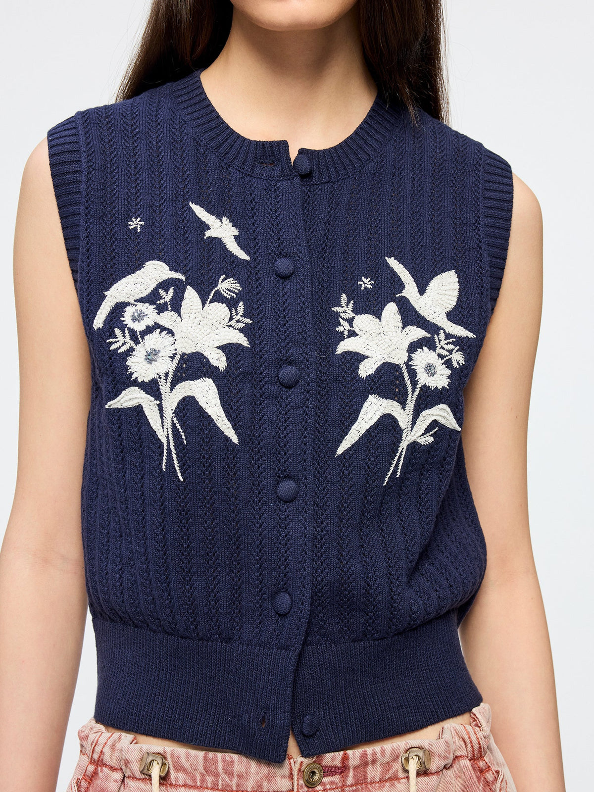Beaded embroidered bird knit vest
