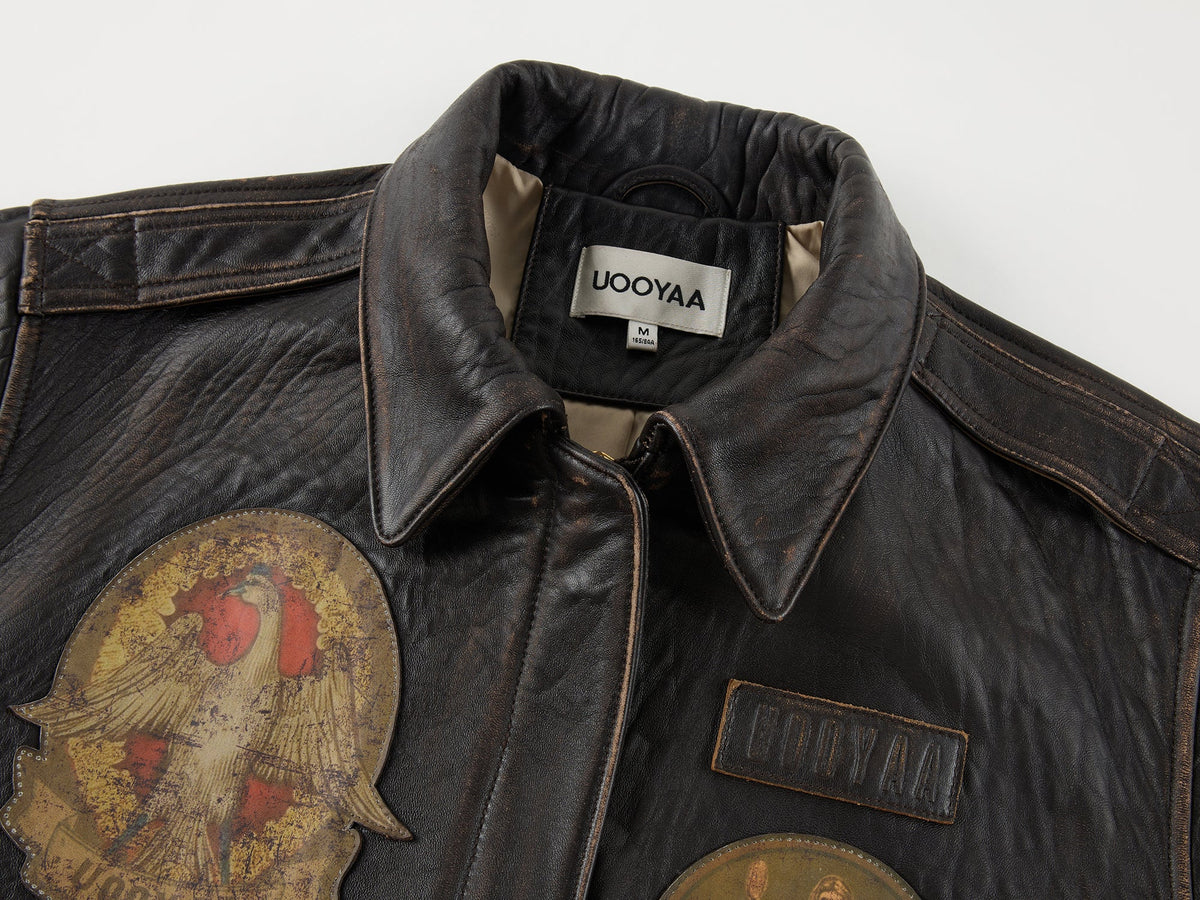 Fantasy badge leather bomber jacket