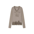 Swan print lace patchwork v-neck long sleeve t-shirt